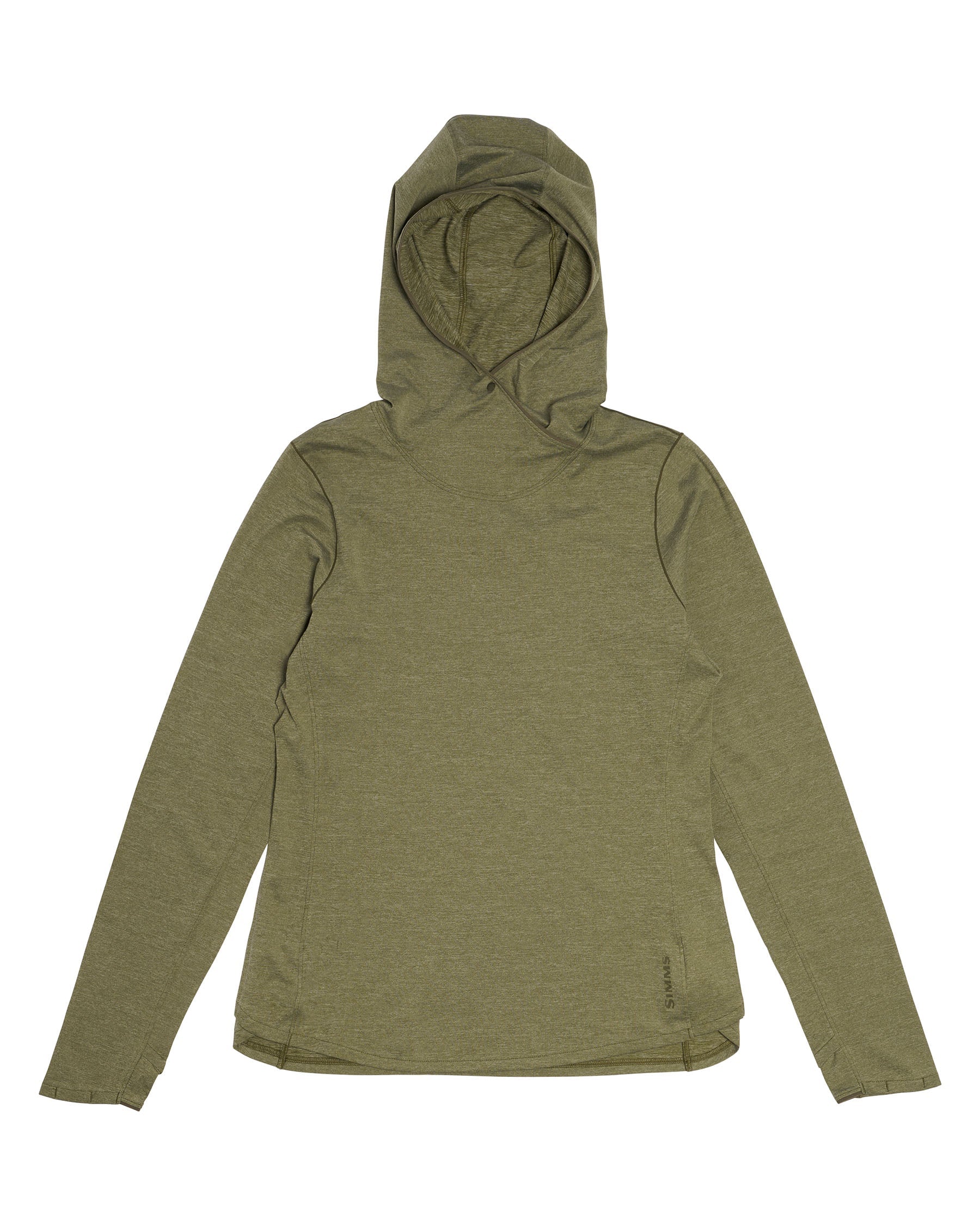 Olive green heathered hooded long-sleeve shirt with drawstring hood, front view