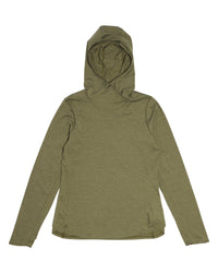 Olive green heathered hooded long-sleeve shirt with drawstring hood, front view