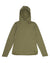 Olive green heathered hooded long-sleeve shirt with drawstring hood, front view