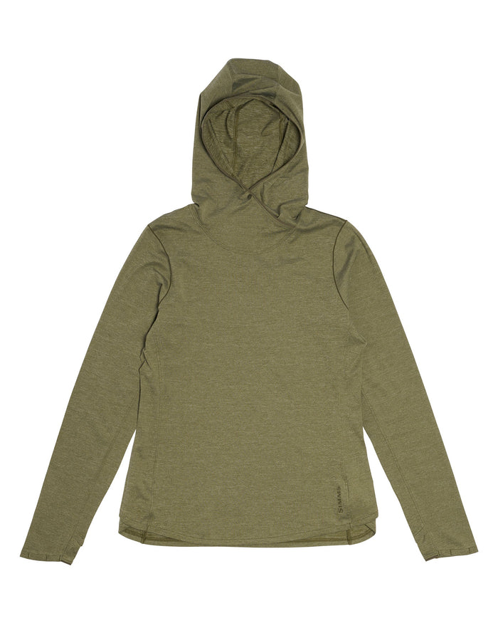 Olive green heathered hooded long-sleeve shirt with drawstring hood, front view