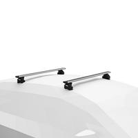 Two aluminum roof rack crossbars with black mounting clamps installed on white car roof