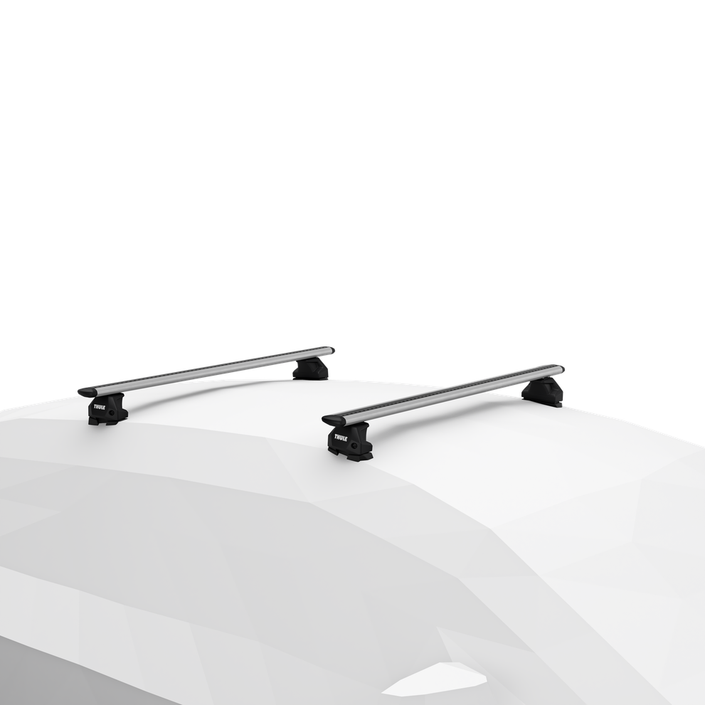 Two aluminum roof rack crossbars with black mounting clamps installed on white car roof