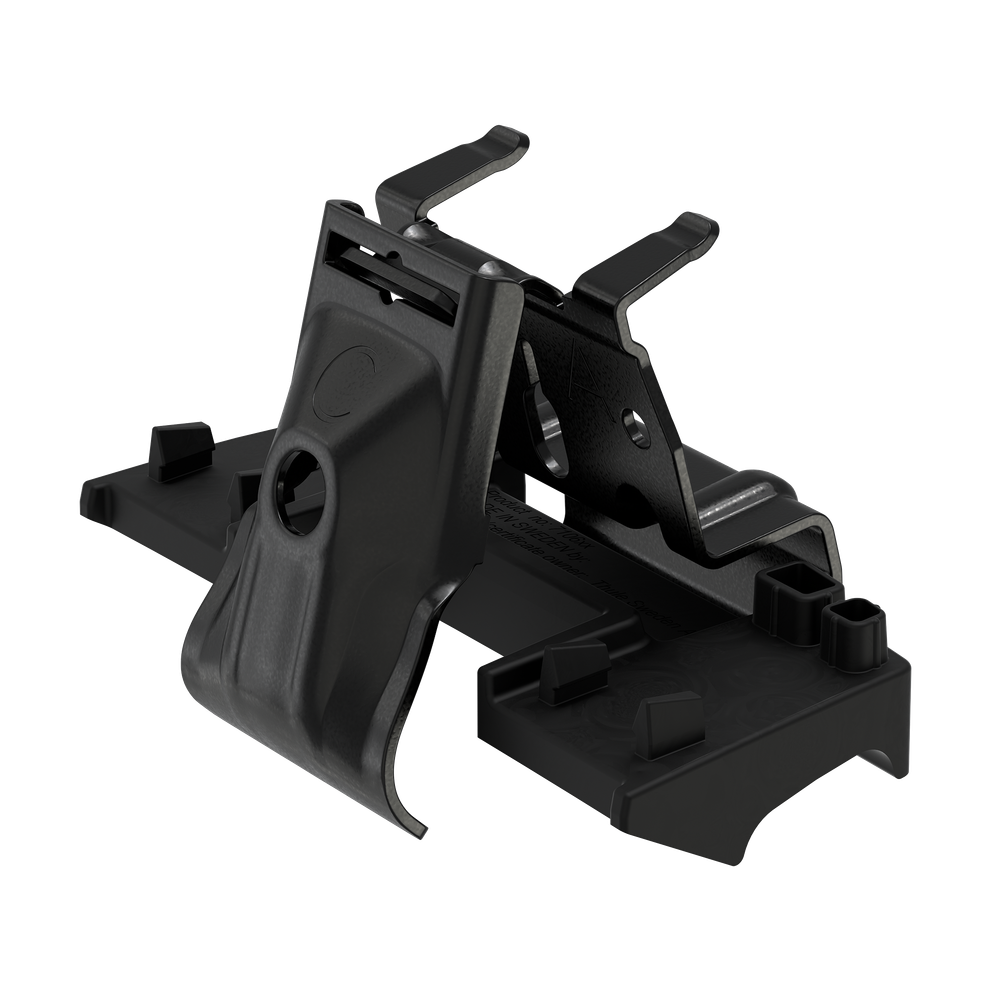 Black roof rack mounting kit with adjustable clamps and brackets on white background
