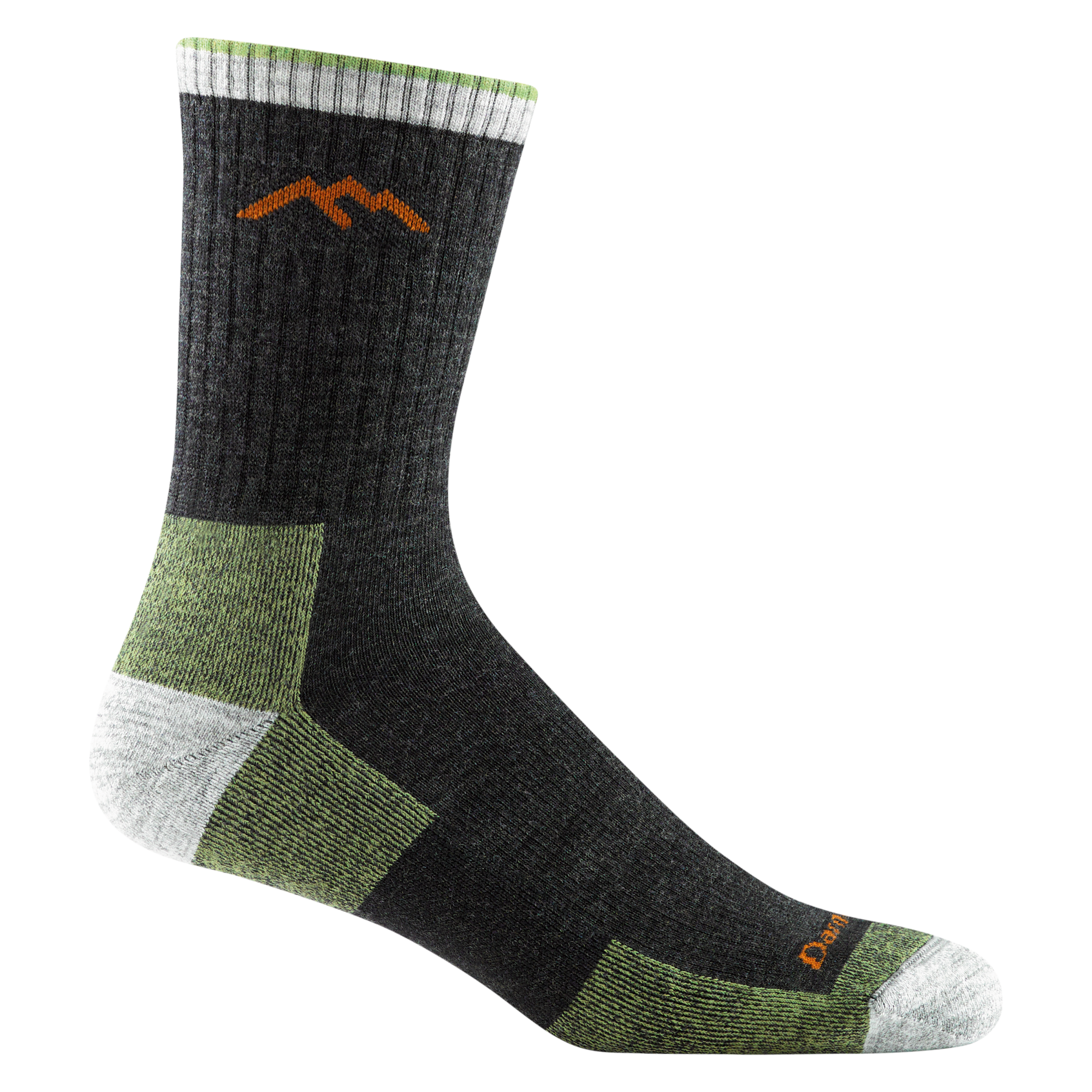 Charcoal micro crew hiking sock with green heel and toe accents, orange mountain logo, side view