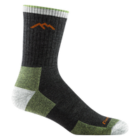 Charcoal micro crew hiking sock with green heel and toe accents, orange mountain logo, side view
