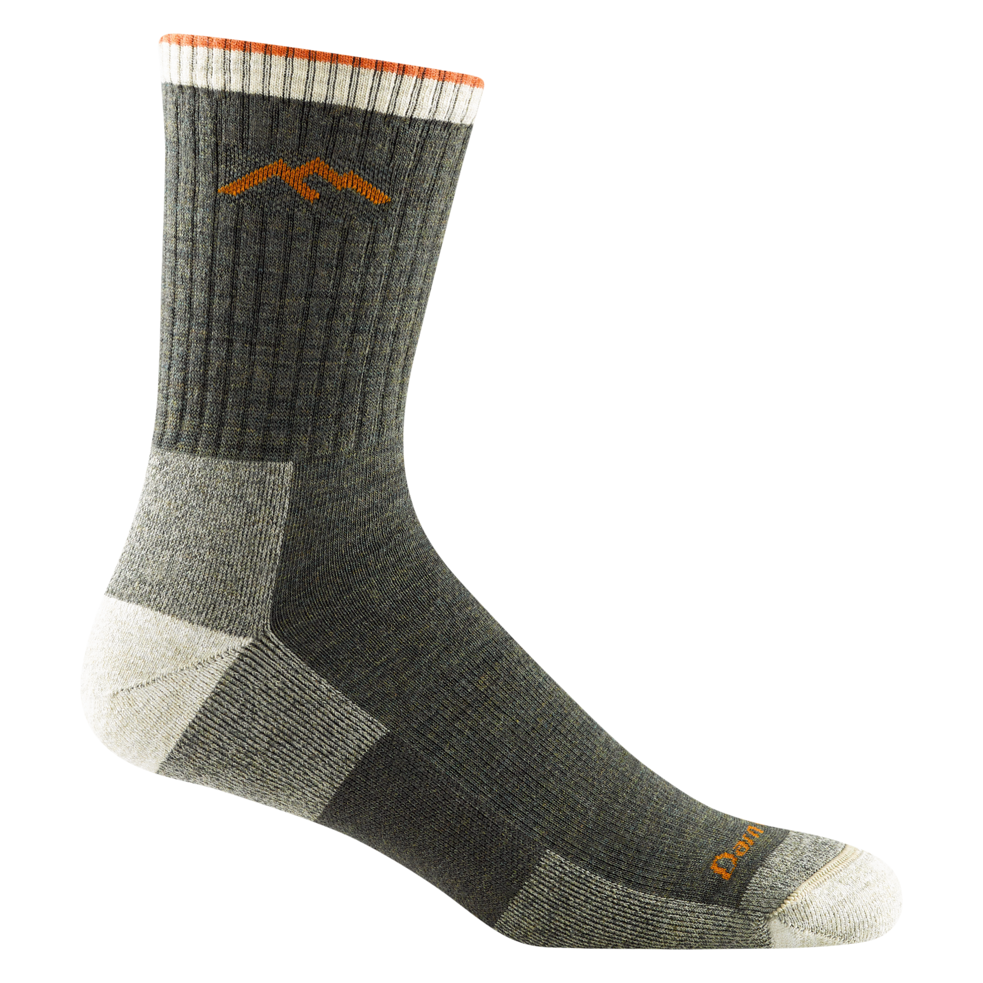 Olive green micro crew hiking sock with cushioned heel, toe, and orange mountain logo
