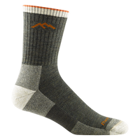 Olive green micro crew hiking sock with cushioned heel, toe, and orange mountain logo