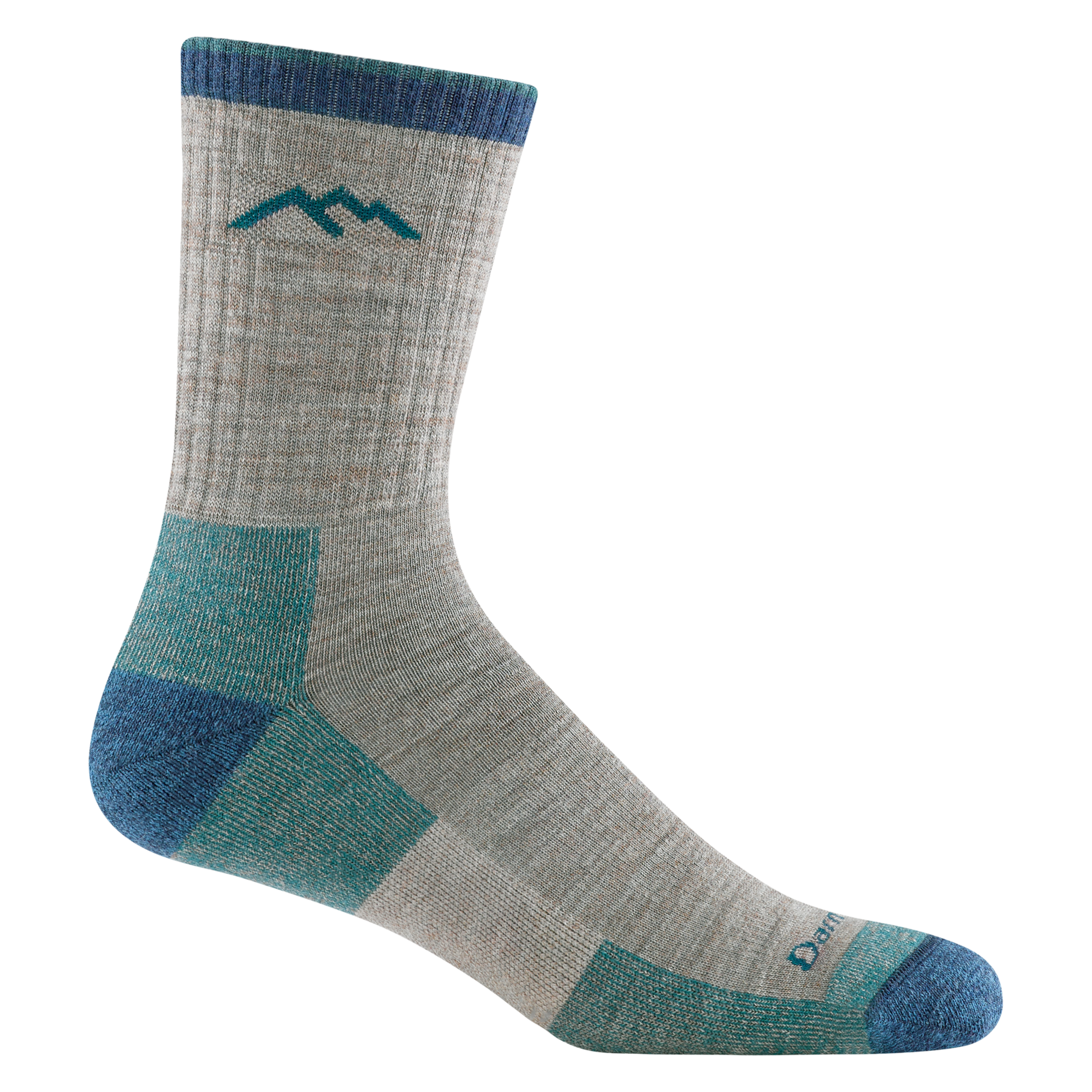 Crew-height hiking sock in oatmeal with teal and blue heel, toe, and cuff accents, side view