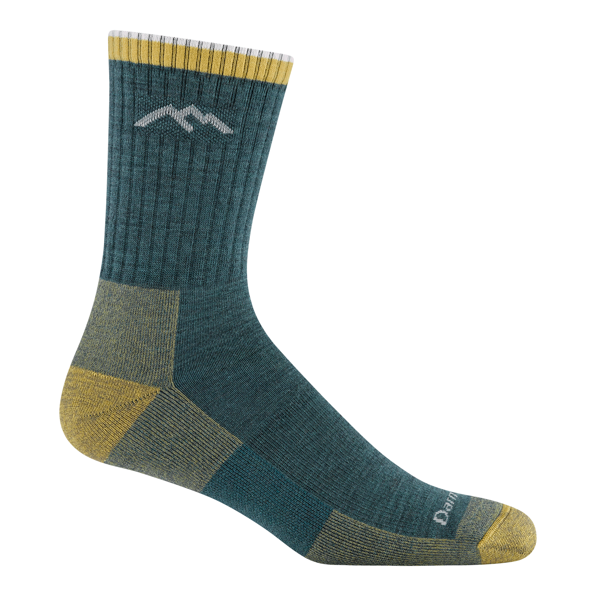 Teal crew-length hiking sock with gold heel, toe, and cuff stripes, side view
