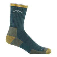 Teal crew-length hiking sock with gold heel, toe, and cuff stripes, side view