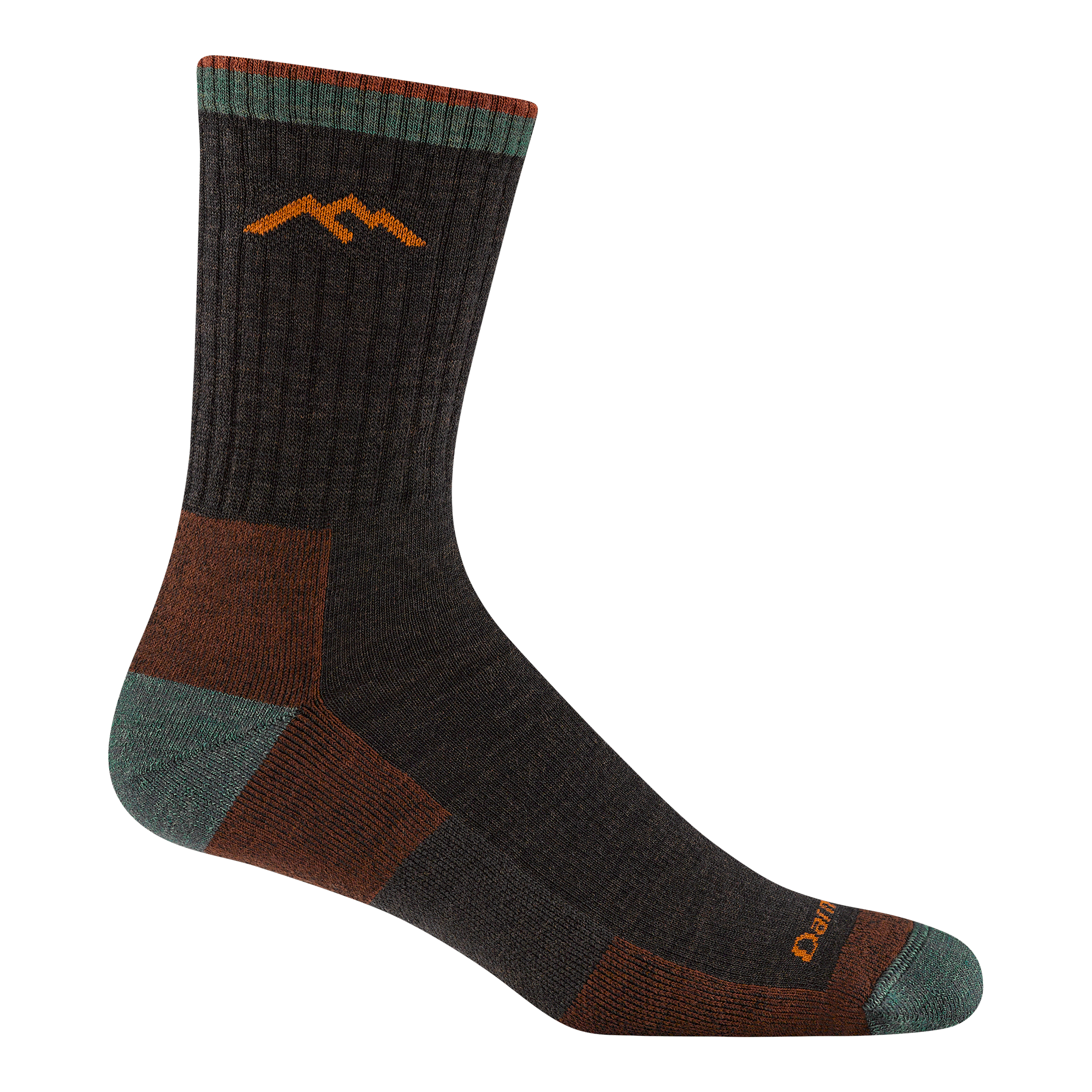 Dark brown micro-crew hiking sock with rust heel, teal toe cap, and orange mountain logo