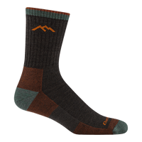Dark brown micro-crew hiking sock with rust heel, teal toe cap, and orange mountain logo
