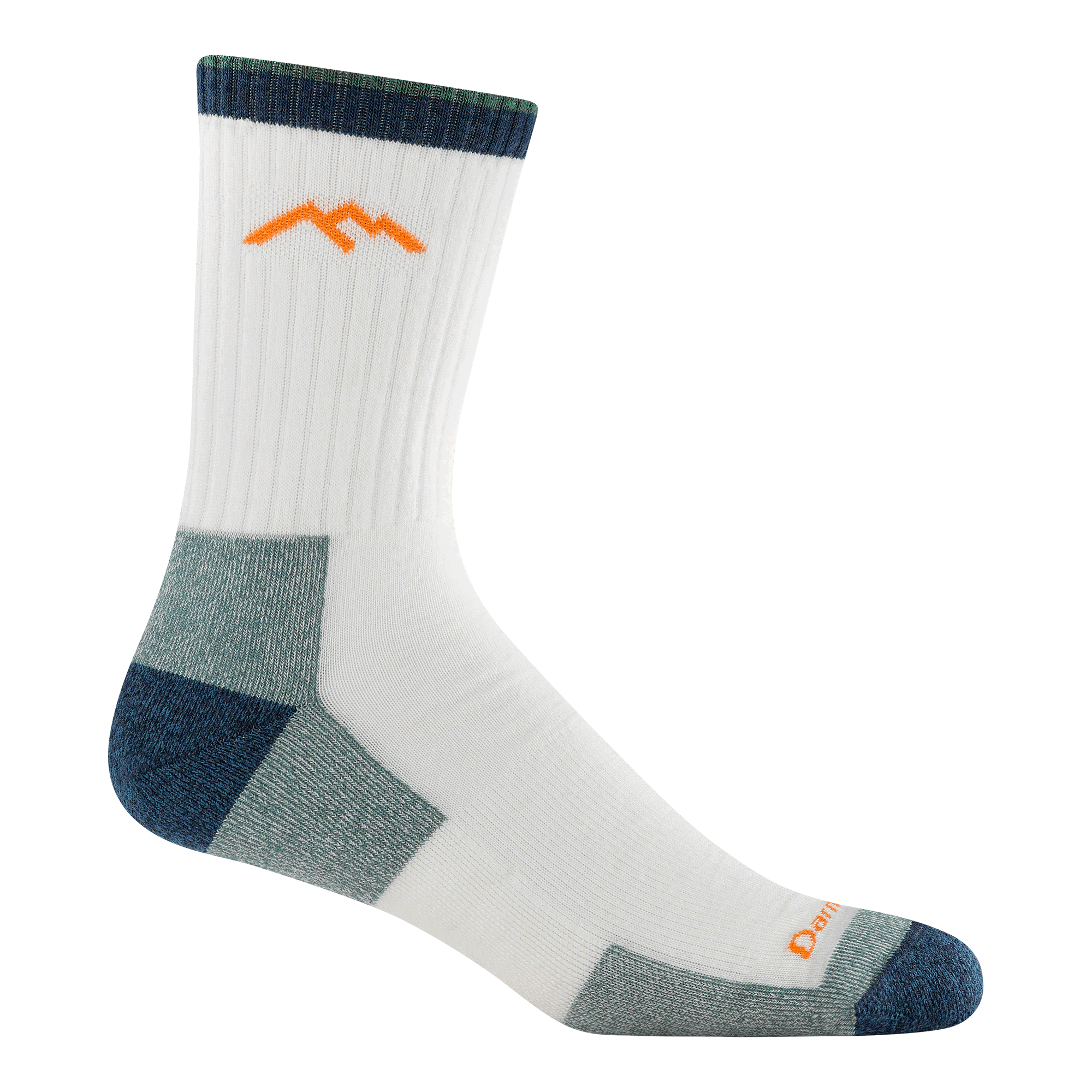 White crew hiking sock with navy blue cuff, heel, toe, and sage green cushioned zones