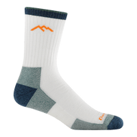 White crew hiking sock with navy blue cuff, heel, toe, and sage green cushioned zones