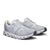 Light gray running shoes with distinctive segmented white sole and mesh upper construction