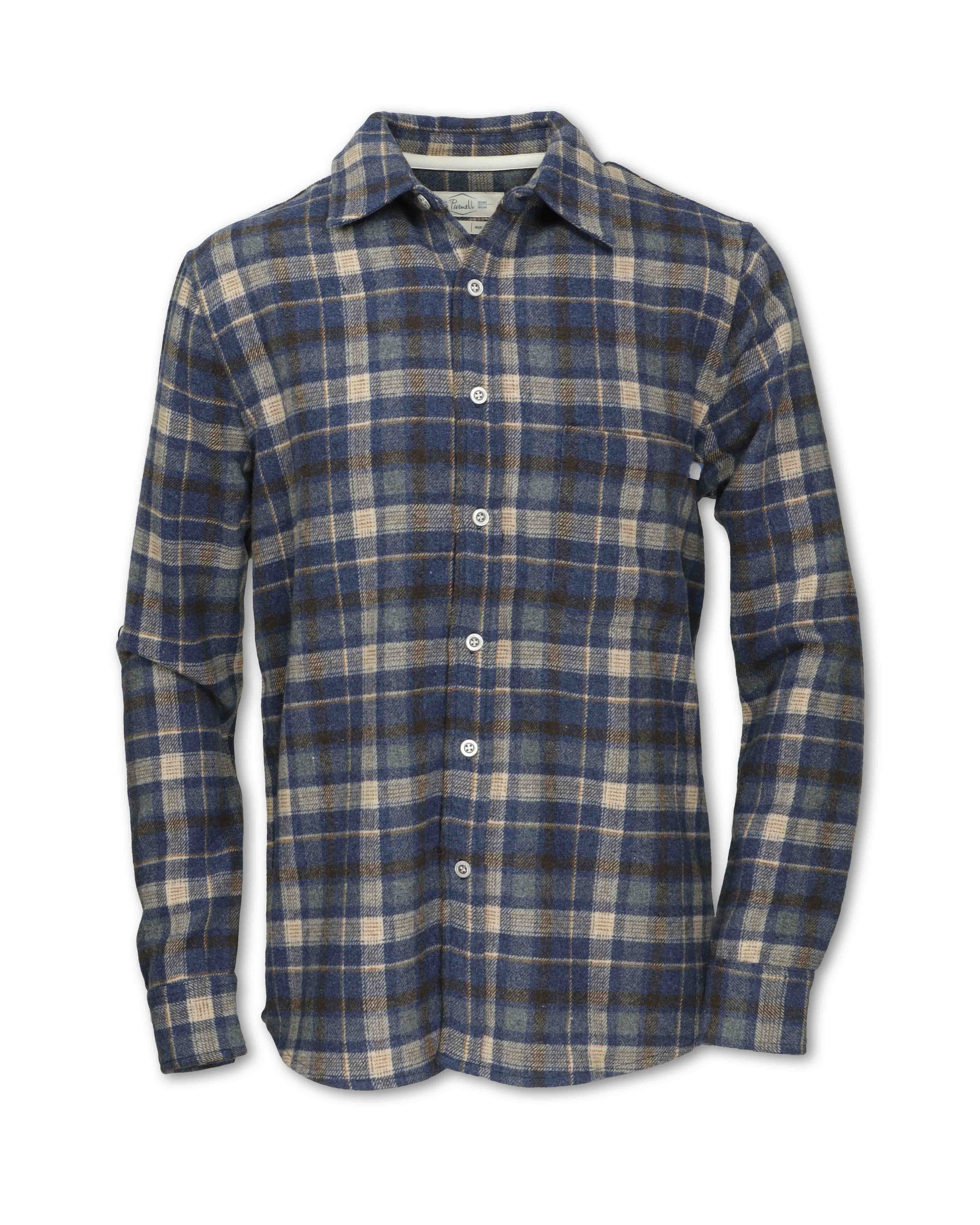 Men's long-sleeve plaid flannel shirt with button front, chest pocket, and spread collar