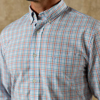 Long sleeve plaid button-down shirt with blue and coral checkered pattern, front view