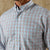 Long sleeve plaid button-down shirt with blue and coral checkered pattern, front view