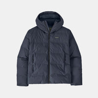 Dark navy hooded puffer jacket with full zip and quilted panels, front view
