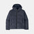 Dark navy hooded puffer jacket with full zip and quilted panels, front view