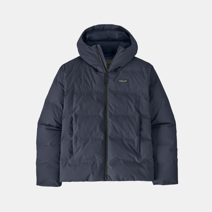 Dark navy hooded puffer jacket with full zip and quilted panels, front view