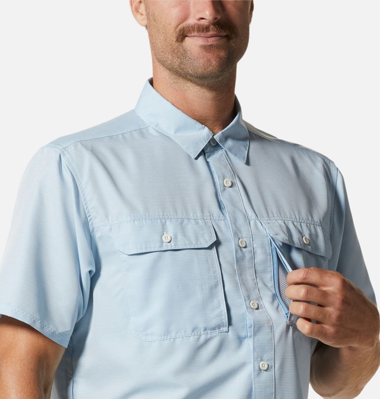 Light blue short-sleeve button-up shirt with chest pockets shown on male model