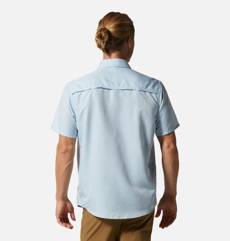 Light blue short-sleeve button-up shirt shown from back view on male model