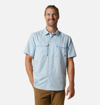 Light blue short sleeve button-up shirt with chest pockets on male model