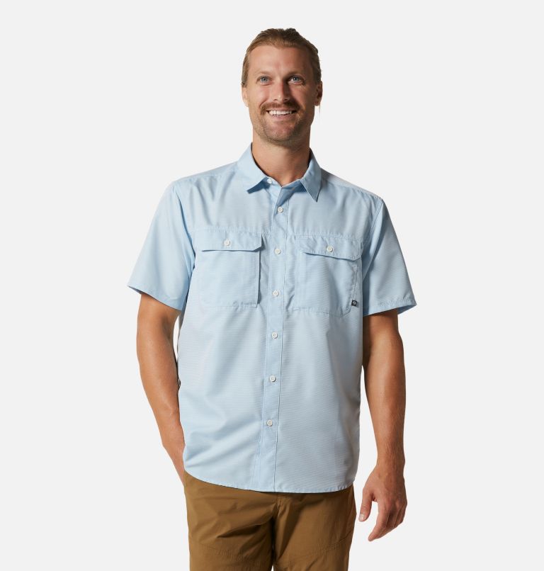 Light blue short sleeve button-up shirt with chest pockets on male model