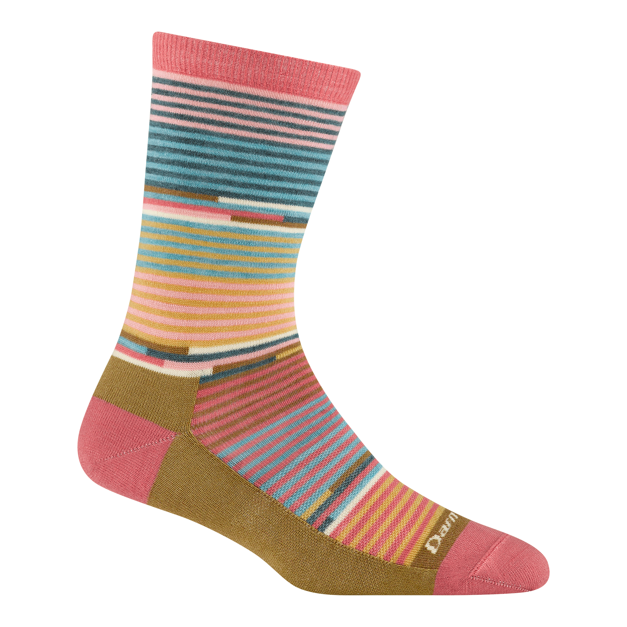 Crew-length striped sock with multicolor horizontal stripes, pink cuff and heel, tan foot