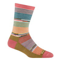 Crew-length striped sock with multicolor horizontal stripes, pink cuff and heel, tan foot