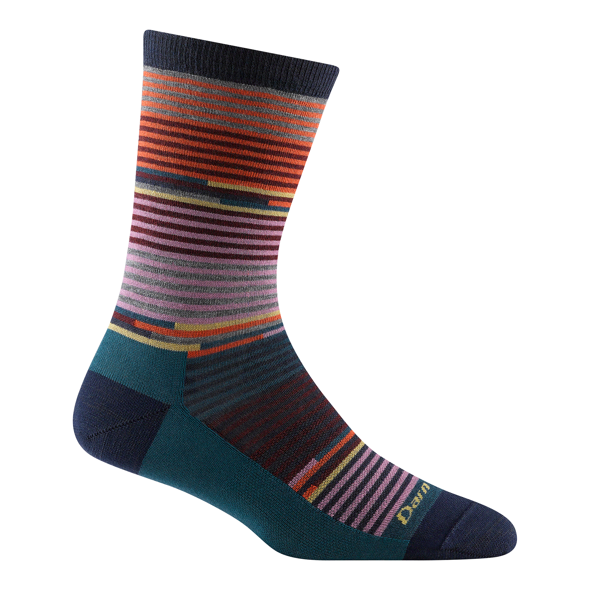 Crew-length wool sock with multicolor horizontal stripes on navy and teal base, side view