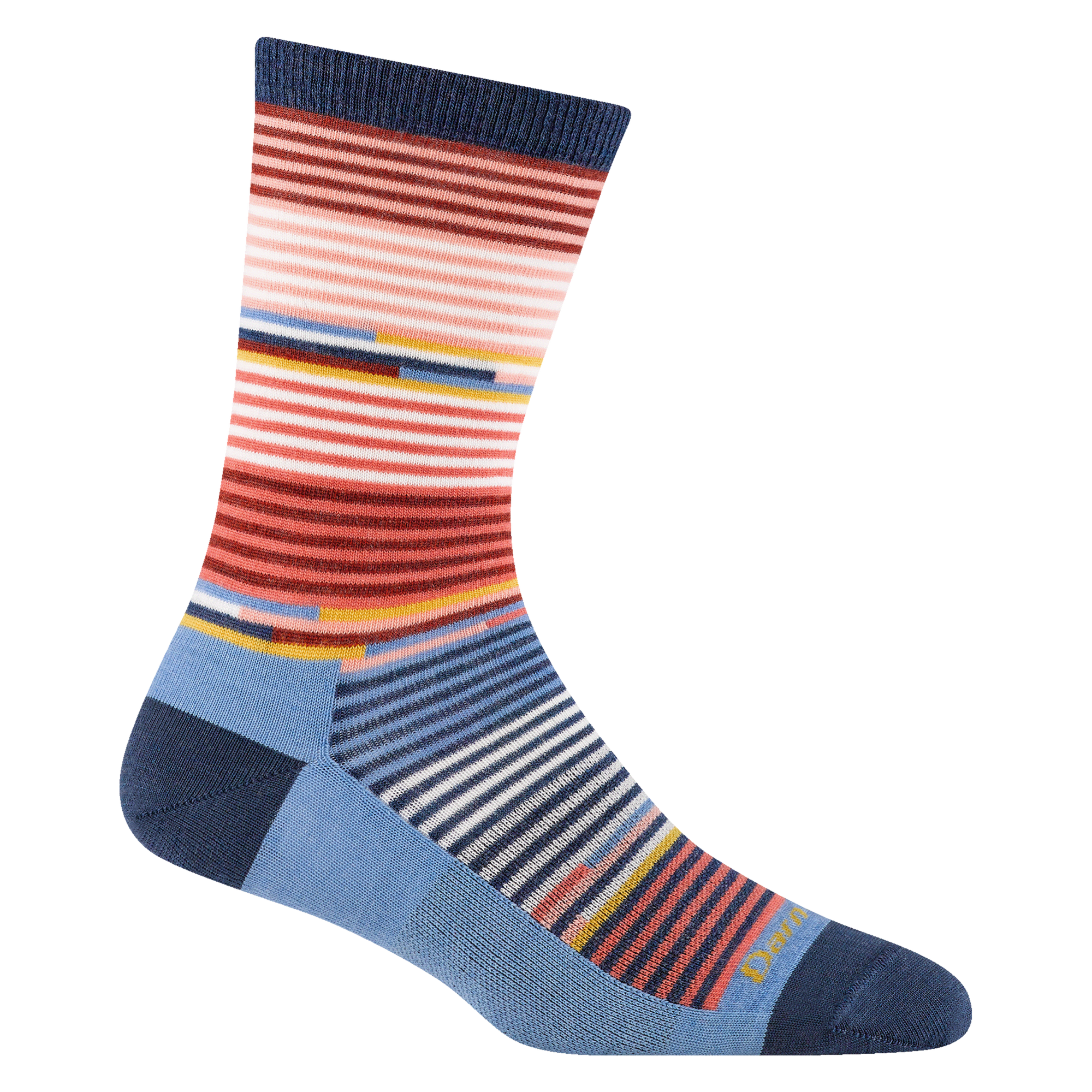Crew-length striped sock with coral and navy gradient pattern, light blue heel and toe, side view