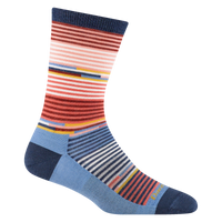 Crew-length striped sock with coral and navy gradient pattern, light blue heel and toe, side view