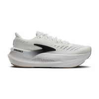 White maximalist running shoe with thick cushioned sole, black accents, side profile view