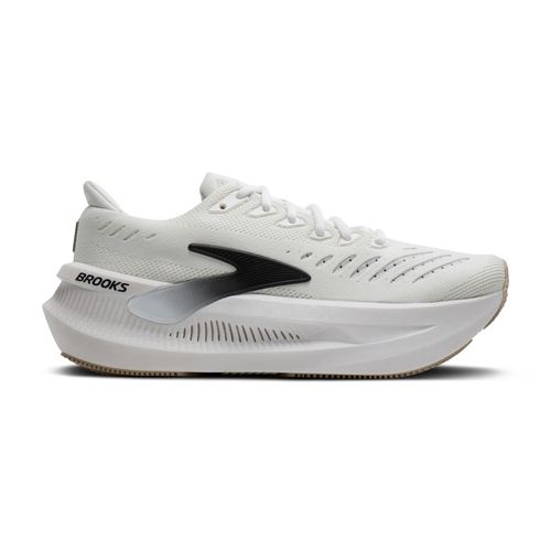 White maximalist running shoe with thick cushioned sole, black accents, side profile view