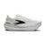 White maximalist running shoe with thick cushioned sole, black accents, side profile view