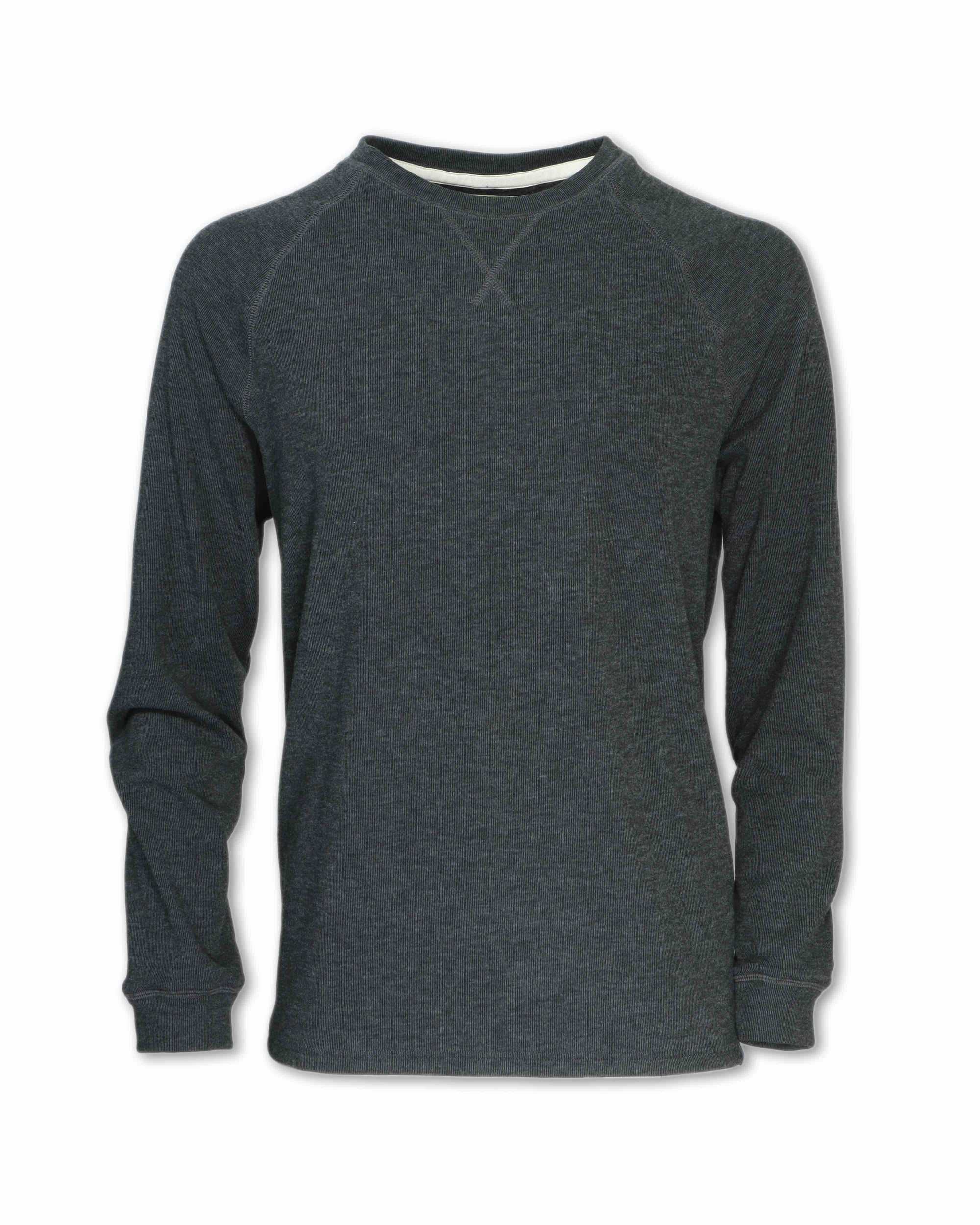 Men's long-sleeve heathered fleece crew neck pullover, front view, flat lay