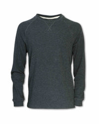 Men's long-sleeve heathered fleece crew neck pullover, front view, flat lay