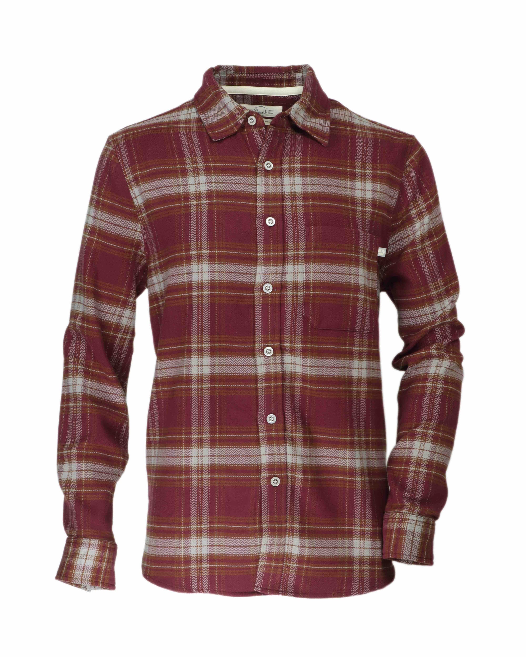 Men's long-sleeve plaid flannel shirt with button front and chest pocket, front view
