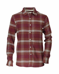 Men's long-sleeve plaid flannel shirt with button front and chest pocket, front view
