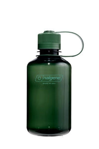 Translucent dark green narrow mouth water bottle with matching screw-top lid and tethered cap loop, front view