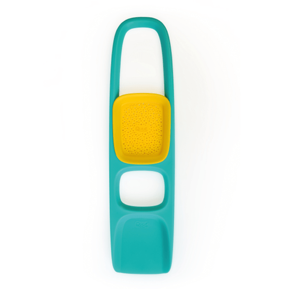 Teal sand and snow scoop toy with yellow mesh section and white grip area