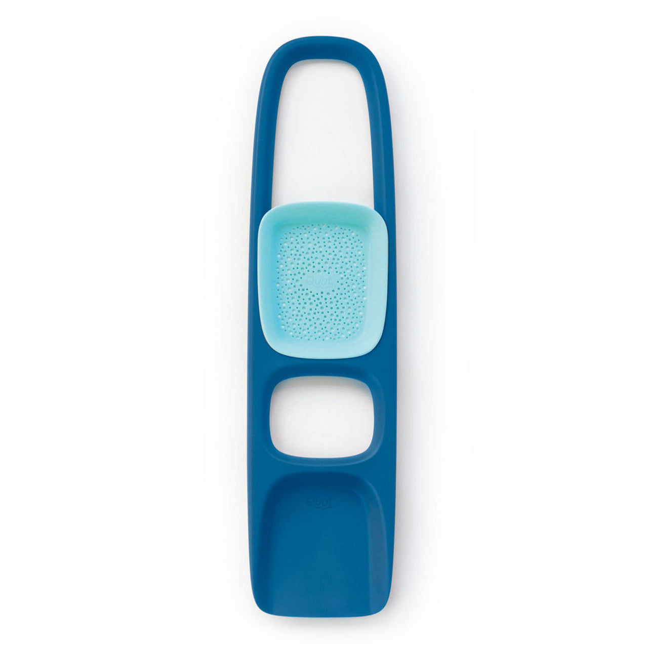 Blue handheld sand and water sifting tool with perforated scoop and ergonomic handle