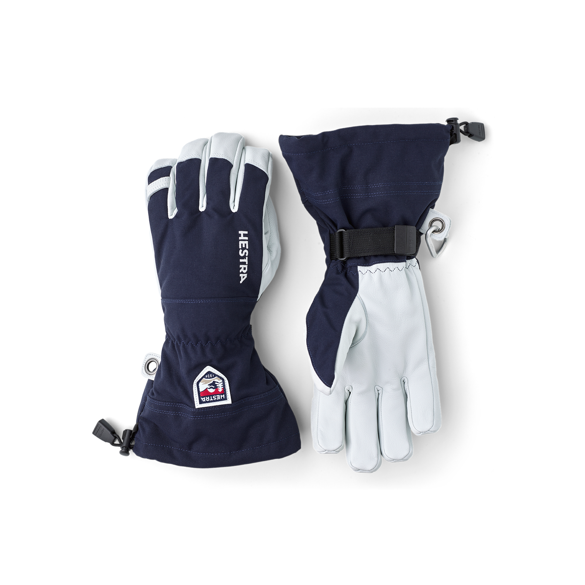 Navy blue ski gloves with white leather palm, wrist strap, and adjustable cuff, front and back view
