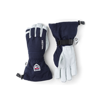 Navy blue ski gloves with white leather palm, wrist strap, and adjustable cuff, front and back view