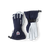 Navy blue ski gloves with white leather palm, wrist strap, and adjustable cuff, front and back view
