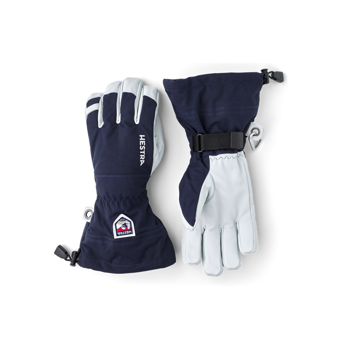 Navy blue ski gloves with white leather palm, wrist strap, and adjustable cuff, front and back view