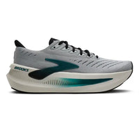 Men's max cushion running shoe, lateral view, gray upper with teal midsole detail
