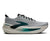 Men's max cushion running shoe, lateral view, gray upper with teal midsole detail